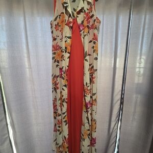 Victoria's Secret Red Maxi Dress with Floral Cream Overlay